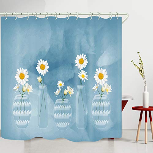 WODEJIA Waterproof Shower Curtains Sets for Bathroom Accessories with Art Fresh Chrysanthemum Printed,Beautiful Wide Fabric Toilet Curtain for Bathtub,Polyester Bath Blind Hooks & Liners in Bath Room