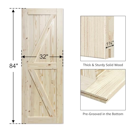 Image of SmartStandard 32in x 84in Sliding Barn Wood Door Pre-Drilled Ready to Assemble, DIY Unfinished Solid Spruce Wood Panelled Slab, Interior Single Door Only, Natural, K-Frame (Fit 6FT Rail)