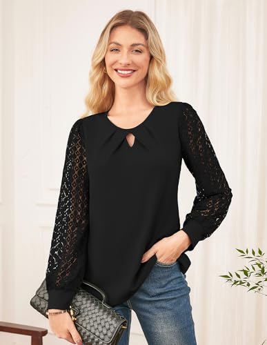 GRACE KARIN Women Lace Long Sleeve Shirts Dressy Business Casual Blouses Crew Neck Work Tops Fall Clothes3
