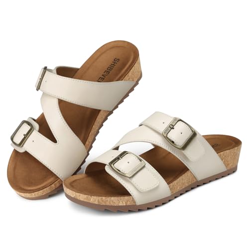 Image of SHIBEVER Comfortable Slides Sandals for Women: Wedge Adjustable Buckle Slip on Slide - Arch Support Open Toe Woman Sandal