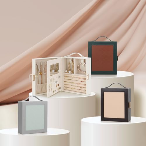 Étui à bijoux de voyage avec poignée chic et miroir, finition délicate gris vert thé - 7