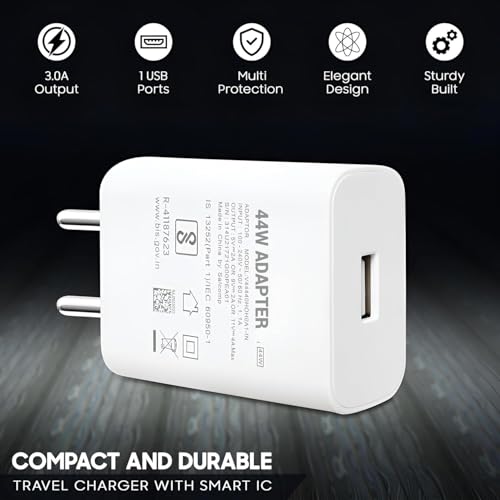 Image of Original 44watt USB Type A Charging Adapter Compatible with Vivo V23 /V25 /V25E /V25 Pro /V27 Pro /V27 /V27E /Y200 /Y200E /T2X /T2 Pro /V29| Iqoo Z6 Lite /Z6 /Z7S /Z9X /Z9 5G /Z6X LY921