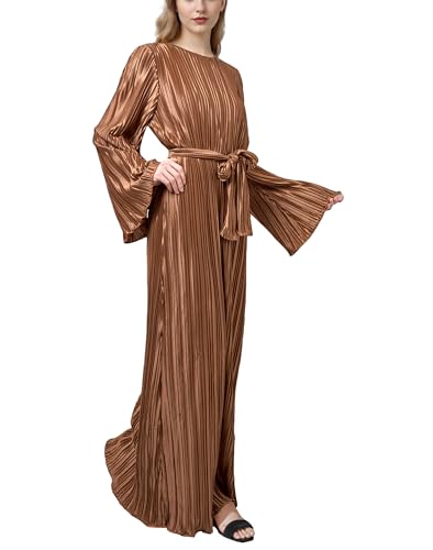 Image of Pluto & Fox Women's Crew Neck Plisse Maxi Dress Long Sleevele Flared Cuffs Belted Pleated Party Cocktail Wedding Guest Dress