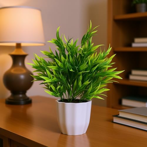 Image of fancymart Plastic Artificial Plant Bamboo Leaves Bunch in Pot - 32 cm Height | Elegant Home & Office Decor | Realistic Greenery for Indoor Decoration