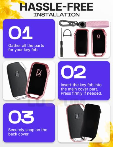 Image of Lucrum Key Fob Cover for Kia, TPU KeyFob Case & Leather Keychain | Fits NOT FLIP Sportage Soul Forte Telluride EV6 Niro K5 Stinger, 5 Buttons (2018-2025) - Pink and Black