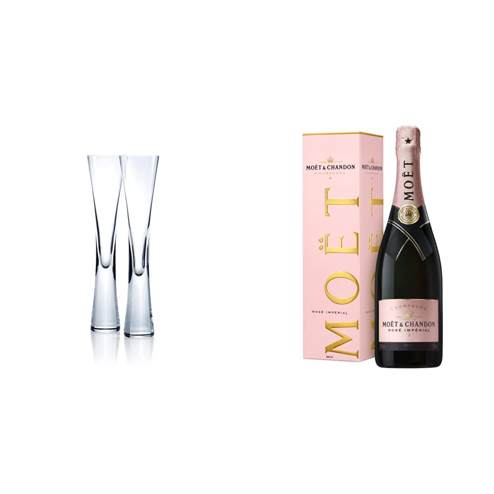 LSA International LSA Moya Champagne Flute 170ml Clear | Set of 2 | Mouthblown & Handmade Glass | MV17 & Moët & Chandon Rosé Impérial, Gift Box 75 cl, Transparent