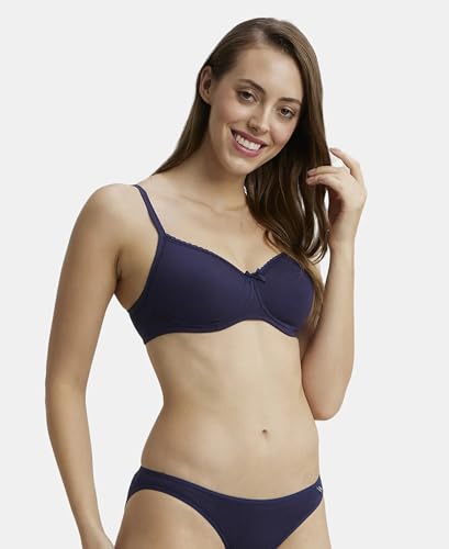 Image of Jockey 1723 Women's Wirefree Padded Super Combed Cotton Elastane Stretch Medium Coverage T-Shirt Bra with Lace Styling Classic Navy 36D