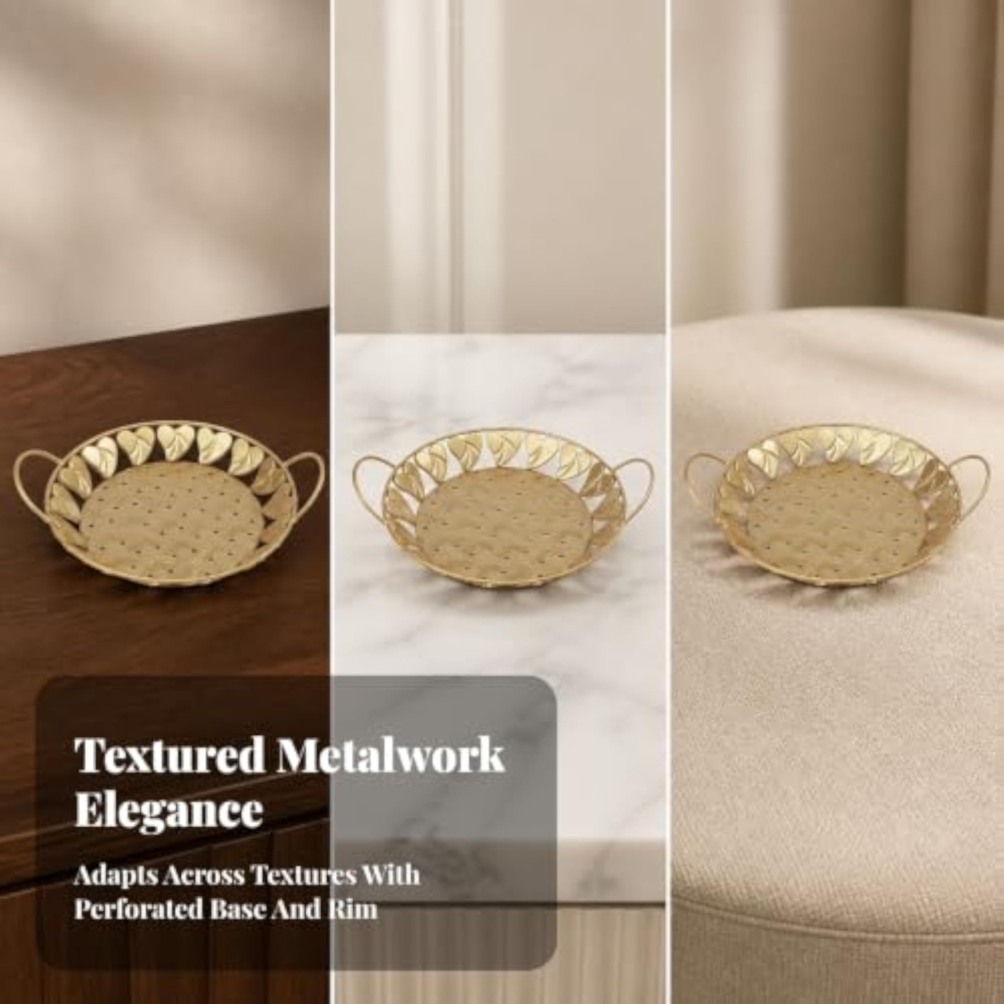 Glam Round Gold Tray with Handles, Decorative Openwork Design
