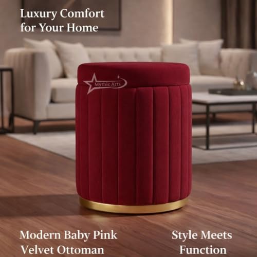 Image of Round Strip Stool with Cushion Foot Rest Office Stool Pouf Ottoman Padded Seat in Living Room - RED