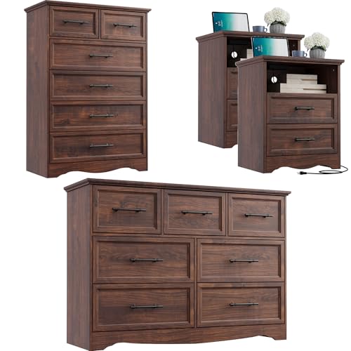 Image of Bedroom Set, 4 Pieces Bedroom Furniture Set, 47 inch W 7 Drawer Dresser, 44 inch H 6 Drawer Dresser and Nightstands with Charging Station, Farmhouse Storage Organizer Cabinet for Bedroom, Walnut