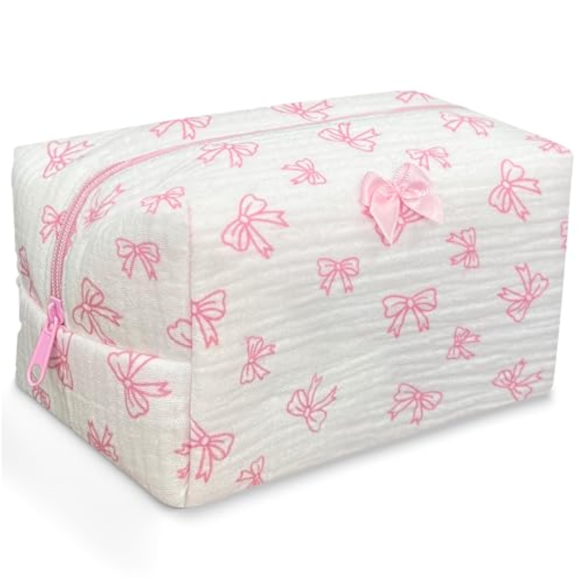 Coquette Pink Bows Quilted Makeup Pouch, Travel Organizer