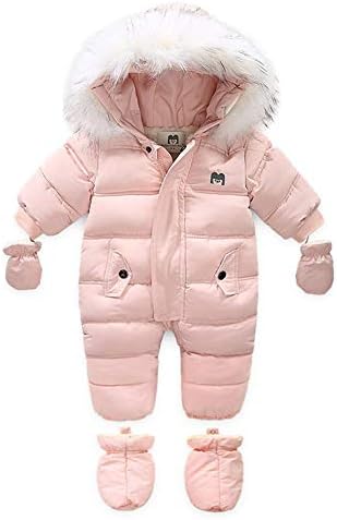 AIKSSOO Baby Snowsuit Hooded Romper Zipper Winter Fleece Footed Infant Boys Girls Jumpsuit