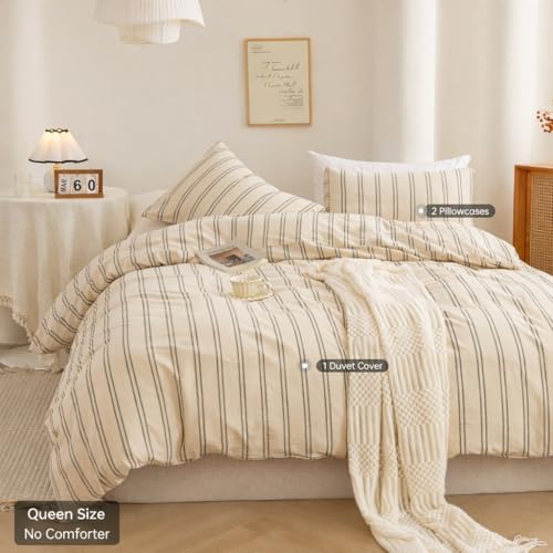 Image of ECOCOTT Duvet Cover Queen Size 100% Washed Cotton Green Striped Bedding Set - 3 Pcs Soft Breathable Linen-Like Comforter Cover with Zipper Closure & Corner Ties, No Comforter