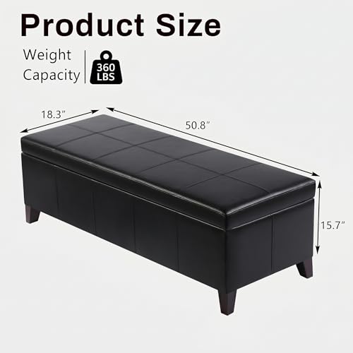 Image of 51 inch Black Faux Leather Storage Ottoman Bench