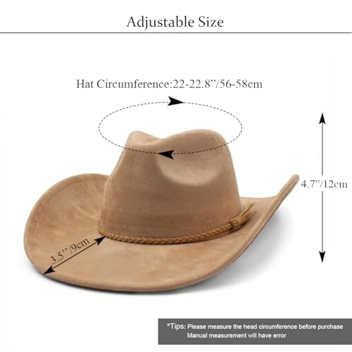 Image of Western Cowboy Hat for Women Men Classic Fedora Hats Wide Brim Suede Cowboy Hat for Women with Buckle Belt