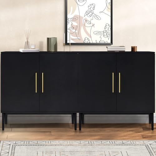 Image of REHOOPEX Set of 2 Storage Cabinet with Doors, Modern Black Accent Cabinet, Free Standing Cabinet, Wooden Buffet Sideboards for Living Room, Kitchen, Home Office