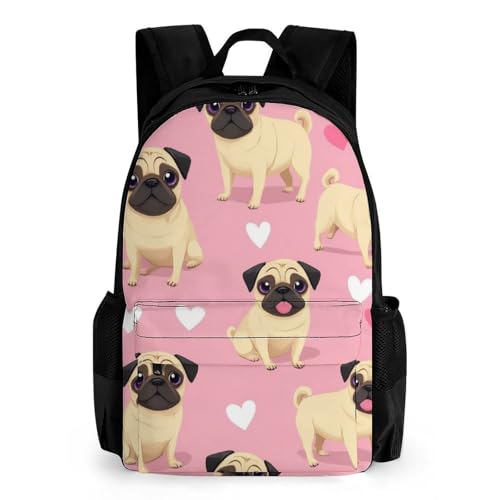 Supdreamc Lightweight Rucksacks for Climbing Outdoors Walking Cycling - Large Capacity Anti-Theft Multipurpose Carry On Bag, Funny Cartoon Pugs Puppy Pink Camping Outdoor Backpack
