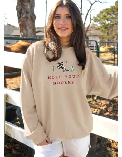 MAPICK Western Oversized Sweatshirts for Women Fall Winter Fleece Warm Long Sleeve Sweaters Trending Clothes(Light Khaki,Small) — view 3