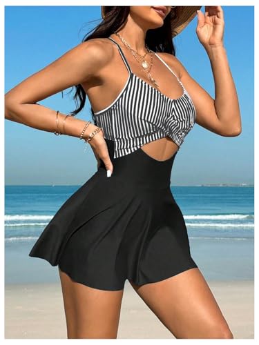 SHENHE Women's Cut Out One Piece Swimsuit Swimdress Striped Tummy Control Skirt Bathing Suit4