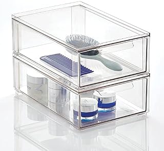 mDesign Storage Box  Deep Stackable Plastic Container with Pull-Out Drawer  Bathroom Organiser Box for Toiletries, Makeup and Beauty Products  Set of 2  Clear