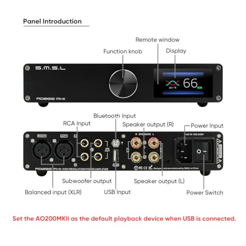 SMSL AO200MKII HiFi Power Amplifier MA5332MS Chip 160W x 160W Class D Amp USB/RCA/XLR Input Stereo Amps 2.1 Channel Digital Audio Amplifiers for Desktop Bookself Home Subwoofer/Passive Speaker