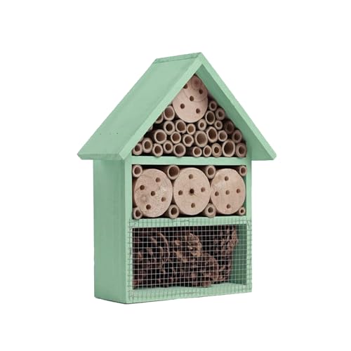 Bee & Bug Hotel Wooden Insect & Bee House with Pre-Drilled Hanging Hook Nesting Habitat for Solitary Bees Butterflies Ladybirds & More, Natural Wood Garden Shelter Box (Mint, One Size)