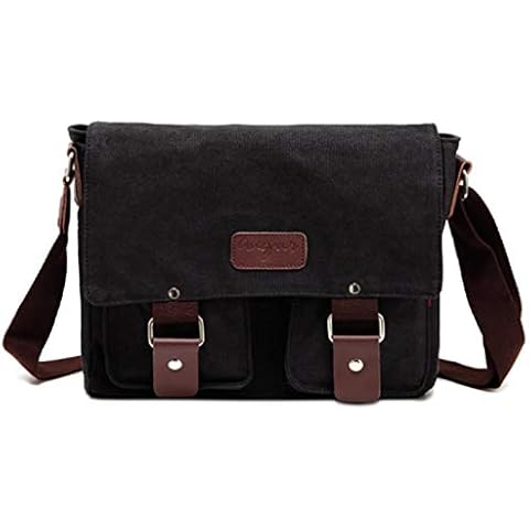 Mens Messenger Bag Waterproof Canvas Leather Bag 12 Inch Vintage Waxed Crossbody Bag (Black) Cover