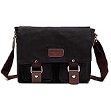 Mens Messenger Bag Waterproof Canvas Leather Bag 12 Inch Vintage Waxed Crossbody Bag (Black)