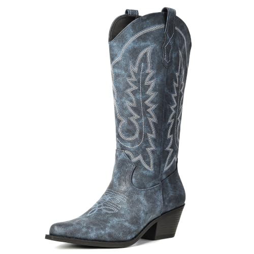 Image of Women's Pointed Toe Mid Calf Cowboy Boots - Cowgirl Boots with Chunky Heel
