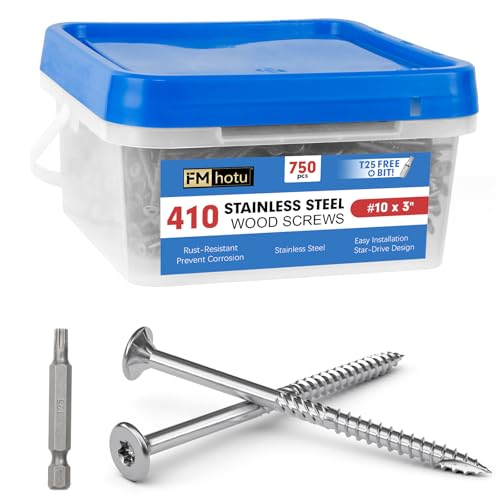 Image of #10 x 3 Stainless Steel Deck Screws, 750Pcs 410 Grade Stainless Steel | T25 Star Bit Deck Screws,Rust Resistant Timber Screws for Log Landscaping Wood