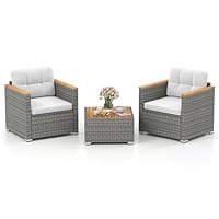 COSTWAY 3 Pieces Patio Bistro Set, PE Rattan Garden Coffee Table and Sofa Chairs Set with Cushions, Outdoor Furniture Wicker Conservatory Set for Balcony Yard Poolside