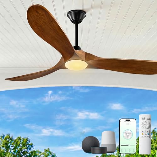 Image of 52 inch Outdoor Ceiling Fans with Lights-Glass Lamp, Smart Ceiling Fan with WIFI Alexa and App Remote Control, Damp Rated Wood Propeller Blades for Patios & Porch, 3 Blades, High CFM 6 Speed, Walnut