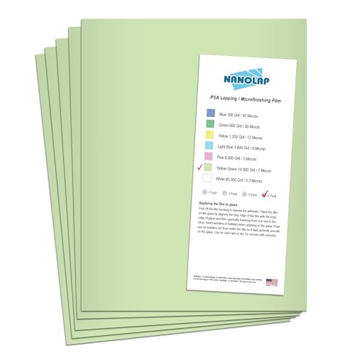NANOLAP PSA Lapping Film, 5 Pc 1 Micron (14,000 Grit) Adhesive Polishing Paper, 8-1/2” x 11” Microfinishing Fine Sanding Paper, Sanding Film for Scary Sharp Sharpening System, Aluminum Oxide AO by NANOLAP - Used condition - US$13.40