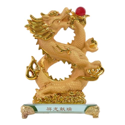 Feng Shui Import 6" Golden 8-Shaped Chinese Dragon Statue with Glass Base