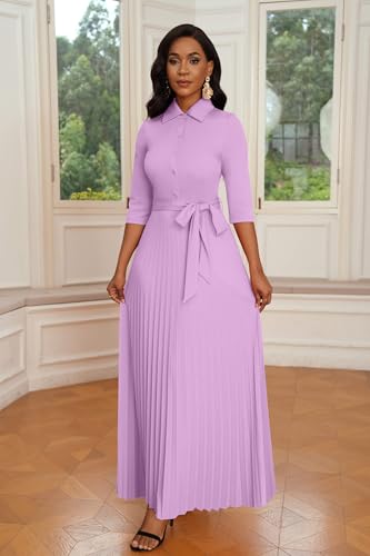 Image of Runwind Maxi Dresses for Women, 3 /4 Sleeve Botton Down Pleated Long Dress with Belt Casual Church Dress with Pockets