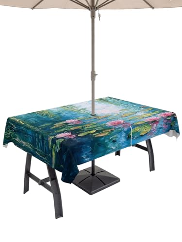 Outdoor Tablecloth with Umbrella Hole and Zipper, Summer Botanical Waterproof Patio Tablecloth for Dining 52''x70'', Lotus Pond Weeping Willow Wipeable Table Cover for Picnic BBQ Party Patio