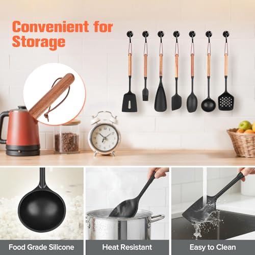 Silicone Cooking Utensils Set of 7 Pack, Wood Handle Heat-Resistant Kitchen Utensils, Non-Stick Cookware Safe - Include Spatula, Spoon, Ladle, Bowl Scraper, Basting Brush for Cooking, Baking, BBQ — view 5