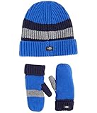  UGG Conjunto de gorro y manoplas de lana merino para niño (niños pequeños), Tonos de azul, 4-6 años