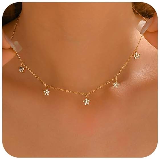 18K Gold Plated Simulated Diamond Pendant Necklaces for Women Dainty Gold Circle Cubic Zirconia Star Station Choker Necklace Trendy Non Tarnish Wedding Prom Brides Jewelry Gifts