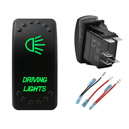 Image of Green Backlit Rocker Switch 5 Pin ON-Off Laser Etched Button Switch with Wires for Car Marine Boat UTV 20A /12V 10A /24V (Driving Lights)