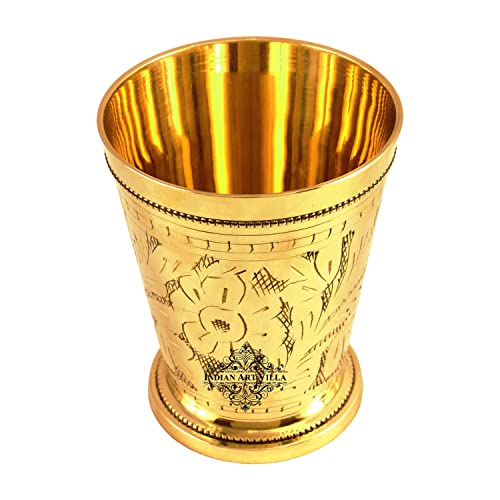 Image of INDIAN ART VILLA Brass Embossed Flower Design Julep Glass, Traditional Drinking Tumbler for Water, Lassi, Buttermilk & Beverages, Drinkware for Home, Restaurant & Gifting, 300 ML, Set of 1