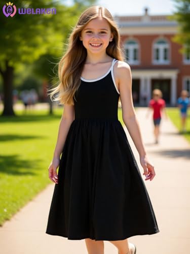 Girls Summer Sundress Criss Cross Back Elastic Waist Twirl Midi Casual Dress with Pockets3