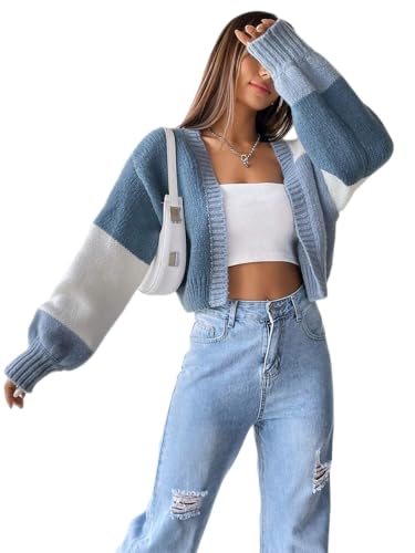 Image of SISKIN Fall Cropped Cardigan Sweaters for Women Lightweight,Color Block Oversized Cardigan Sweater
