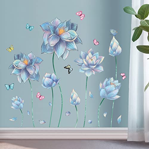 Buiory Removable 3D Beautiful Blue Lotus And Butterfly Wall Stickers Murals Warm Flowers Wall Decals Peel And Stick Floral Wall Art Decor For Kids Girls Bedroom Living Room Bathroom Playroom Decoration #TOP2