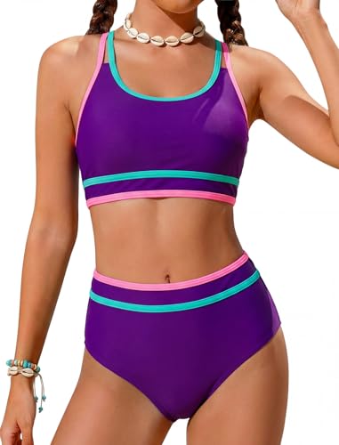 Bathing Suits for Girls Size 10-12 Teen Swimsuits Two Piece Color Block Dark Purple Trajes De Baño para Niñas Tween Neon Sport Bikini Sets Adjustable Double Straps Top Bottoms Padded Swimwear