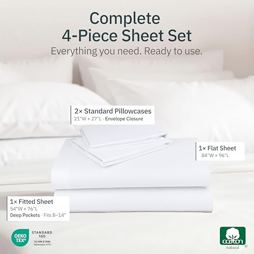 Image of Super Soft 100% Cotton Full Size Bed Sheets, 4 Pc Set, White | Lightweight & Breathable For Hot Sleepers, 14 inch Deep Pocket, All-Around Elastic, Durable, Easy Care, OekoTex Certified