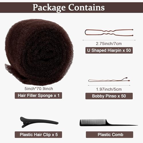 Hair Bumps for Volume Insert, Hair Sponge for Updo - Hair Mesh Filling Padding for Women - Bobby Pins - U Shape Hair Pin, Comb and Plastic Clips, Brown - Thumbnail 2