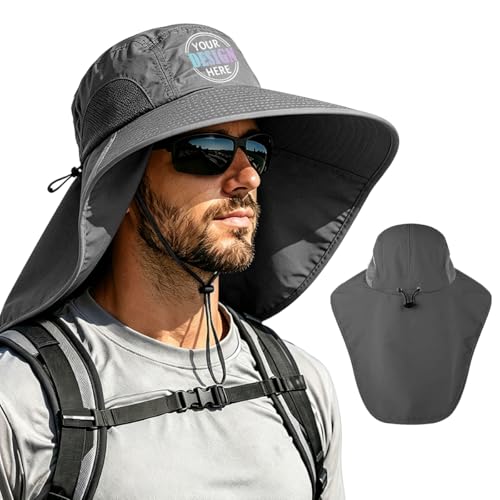 Personalized Sun Hat Custom Logo/Text/Image, UPF 50+ Wide Brim Bucket Hat with Neck Flap, Adjustable Fishing Hat for Men Women, Customized Waterproof Boonie Hat Dark Grey