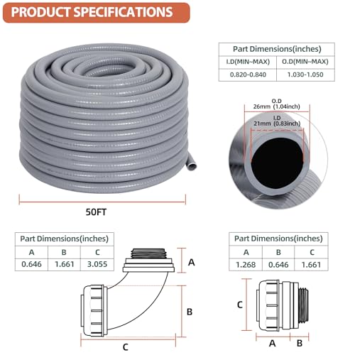 Neorexon Liquid-Tight Conduit 3/4 50ft, Electrical Conduit w/UL Certification, Flexible Conduit with 5 Straight and 5 90-Degree Conduit Connector Fittings