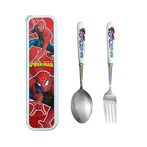 Spiderman Set de Couverts en Inox Enfant, 1 x Fourchette, 1 x Cuillère et 1 x Boite Couverts pour Enfant Bébé Maison l'école Utilisation, Ensemble de Couverts Transportables, pour Déplacements